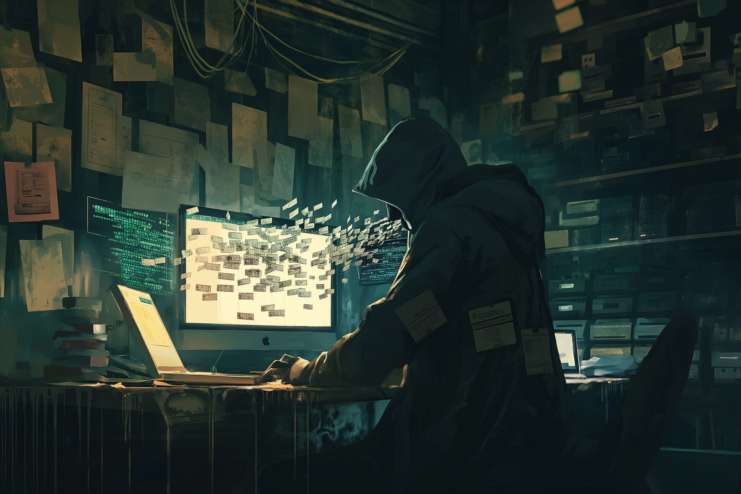 leaks-fuite-de-donnees-protection Hacker mystérieux dans un bureau sombre avec ordinateurs.