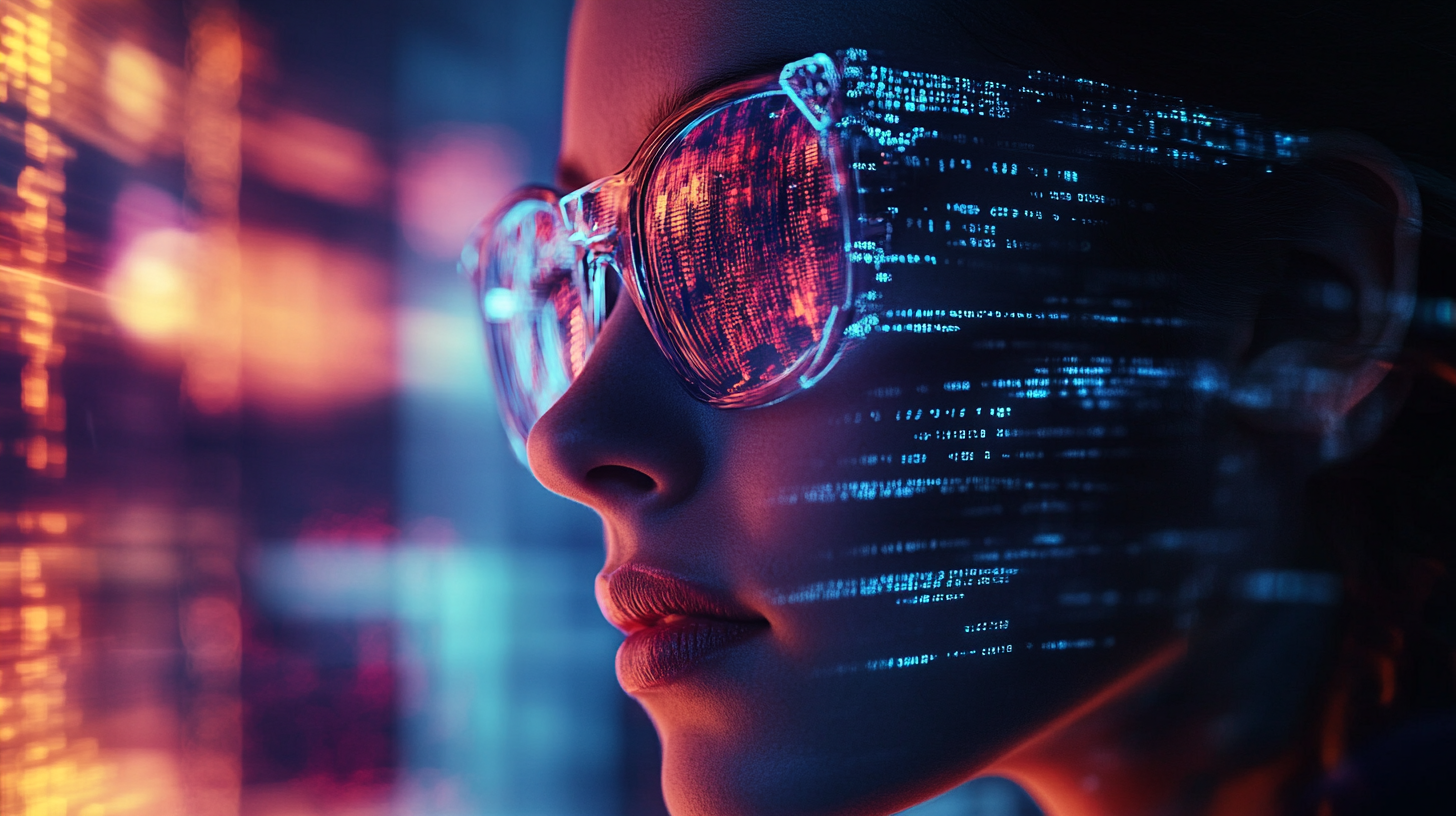 cybersecurite ecommerce Femme avec lunettes affichant des données numériques