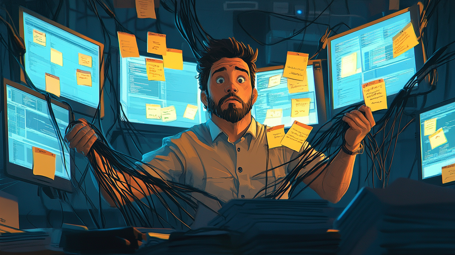 cybersecurite outil Homme surpris par des câbles et écrans multiples